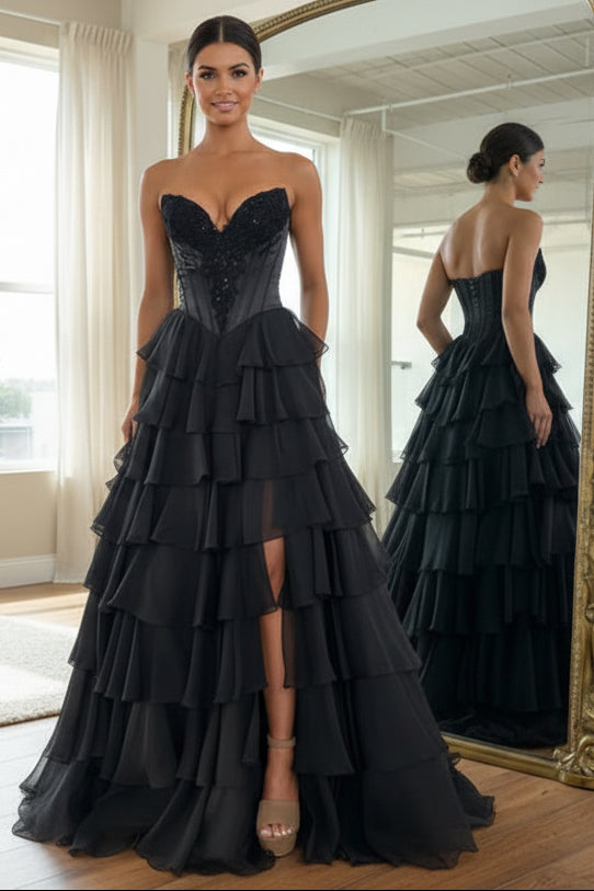 Cute A Line Sweetheart Black Chiffon Tiered Prom Dress