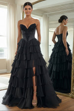 Cute A Line Sweetheart Black Chiffon Tiered Prom Dress
