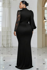 Plus Size Formal Blue Mock Neck Lantern Sleeve Long Sleeve Drilling Elegant See Through Tulle Satin Maxi Dresses