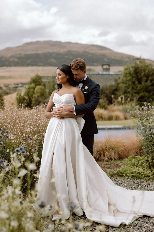 Ball Gown Sweetheart Satin Long Wedding Dress with Big Bow