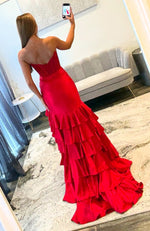 Mermaid Sweetheart Red Satin Ruffles Corset Beaded Long Prom Dresses with Side Slit