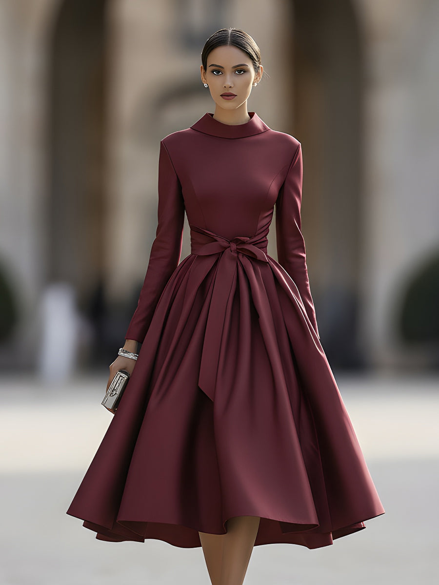 Burgundy High Neck Bow Detail Evening Dress