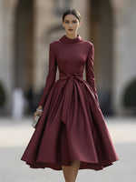 Burgundy High Neck Bow Detail Evening Dress
