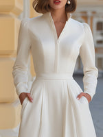 White Structured Zip-Front Pleated Midi Evening Dress