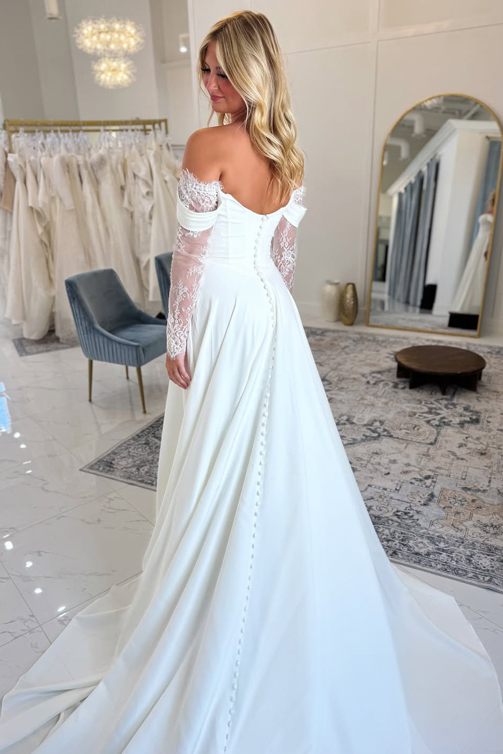 Bohemian A Line Off the Shoulder Satin Lace Wedding Dress