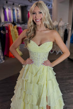 A Line Sweetheart Daffodil Chiffon Tiered Prom Dress with Appliques