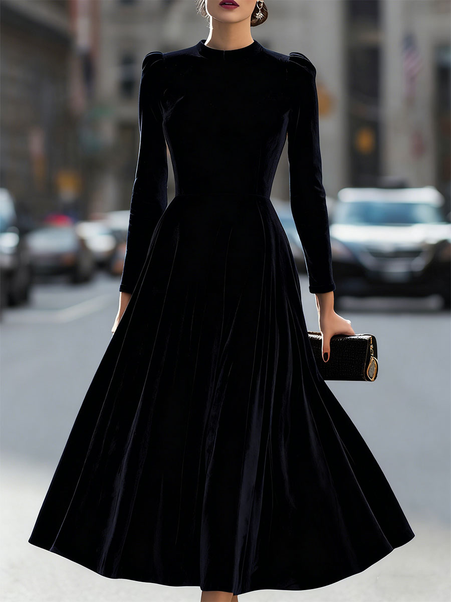 Luxurious Velvet Long-Sleeve Midi Dress