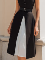 Halter Lapel Contrast Panel Belted Midi Dress