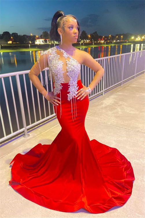 Fabulous Red One Shoulder Long Sleeves Mermaid Prom Dress With Appliques Tassels