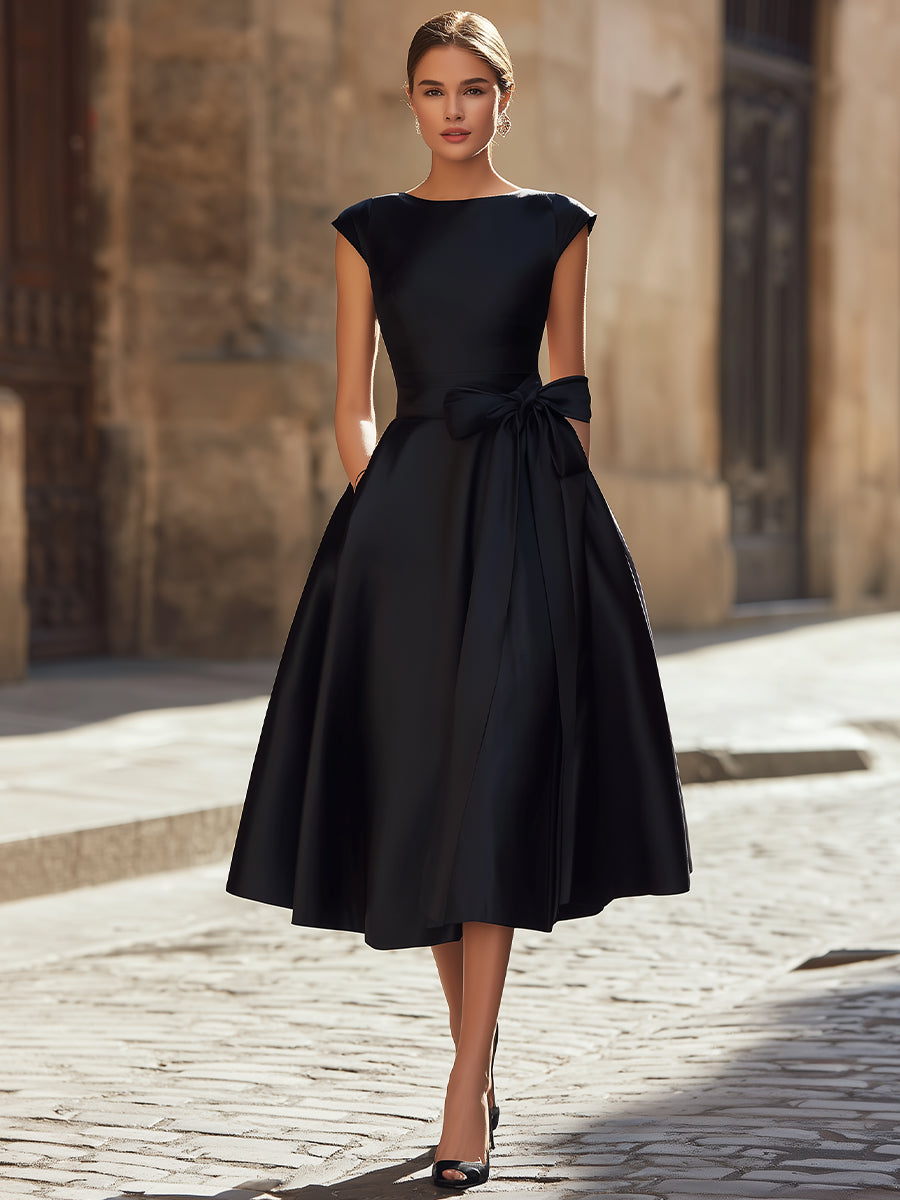 Elegance Boat-Neck A-Line Midi Wedding guest Dress With Oversized Side Bow