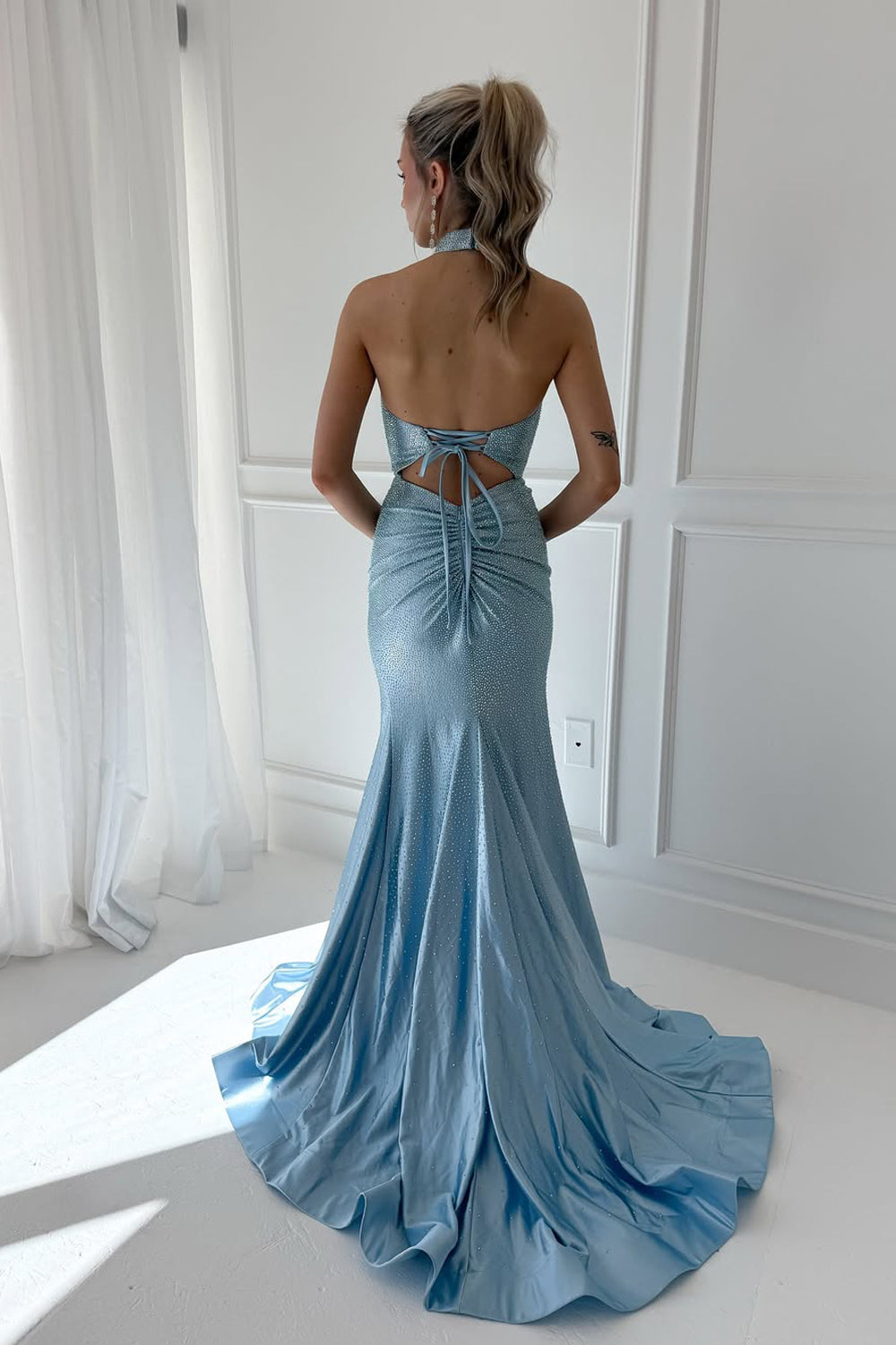 Sparkly Mermaid High Neck Light Blue Satin Prom Dress with Rhinestones