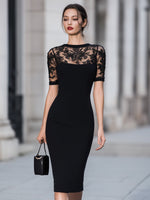 Black Lace Overlay Midi Sheath Dress