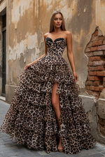 Gorgeous Sweetheart Ball Gown Leopard Print Tiered Prom Dress with Appliques
