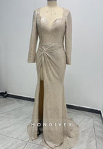 HONGIVEY Sparkle Champagne Long Sleeves Mermaid Formal Evening Dress Prom Gown