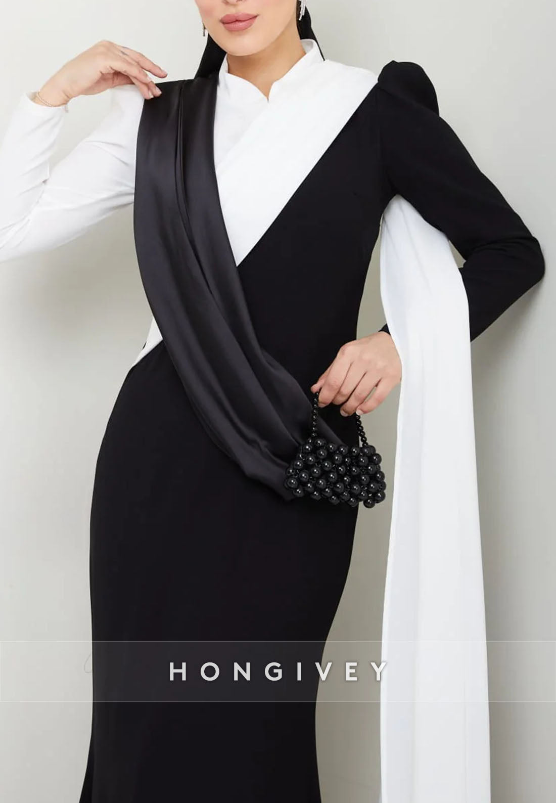 Black and White Long Sleeves High Neck Side Draping Trumpet Evening Gowns