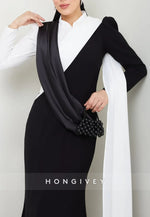 Black and White Long Sleeves High Neck Side Draping Trumpet Evening Gowns