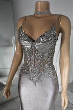 Spaghetti-Straps Silver Sleeveless Mermaid Prom Dresses Sweetheart With Sequins Zipper Back