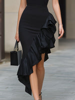 Black Halter Neck Asymmetric Ruffle Midi Dress