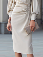 Draped Waist Puff Sleeve Midi Dress