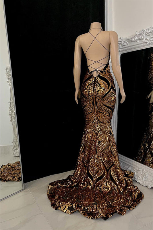 Modern Halter Sleeveless Gold Sequins Prom Dress Mermaid With Strings Back