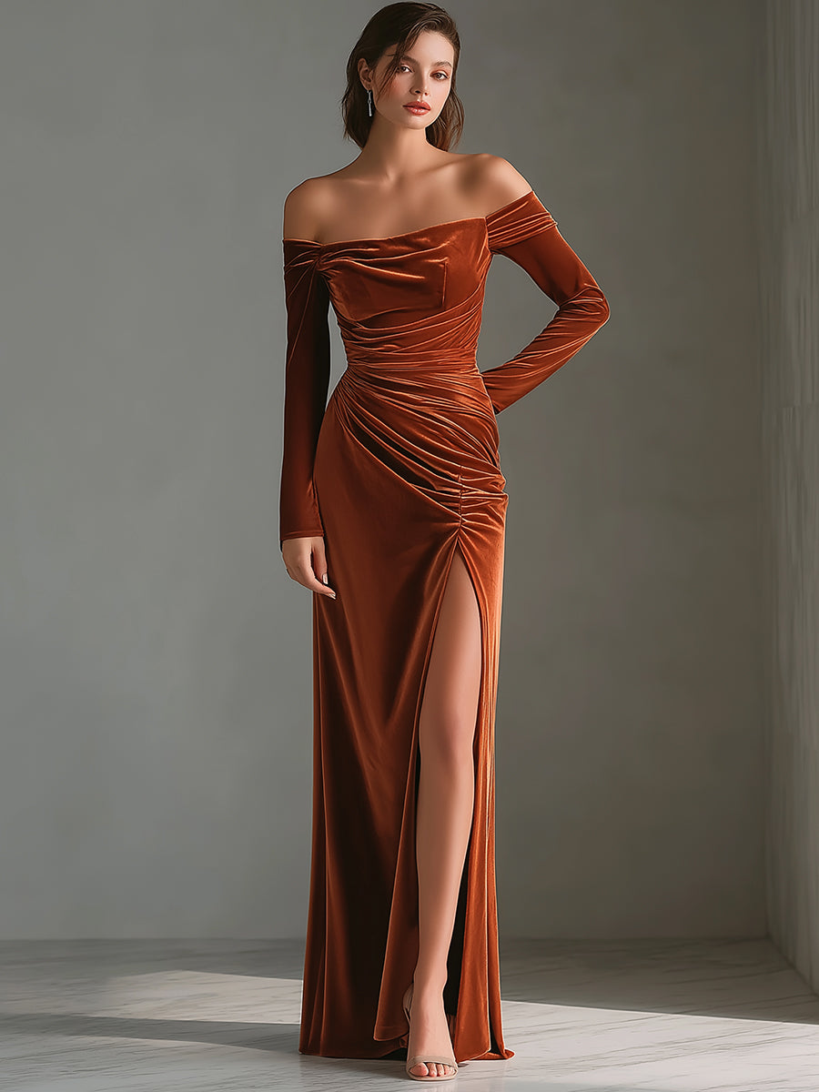 Rust Brown Off-Shoulder Velvet Ruched Evening Dress With High Slit