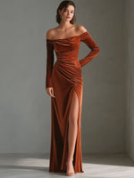 Rust Brown Off-Shoulder Velvet Ruched Evening Dress With High Slit