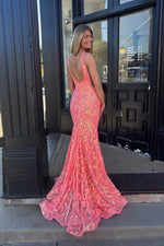 Charming Mermaid V Neck Coral Sequins Long Prom Dresses