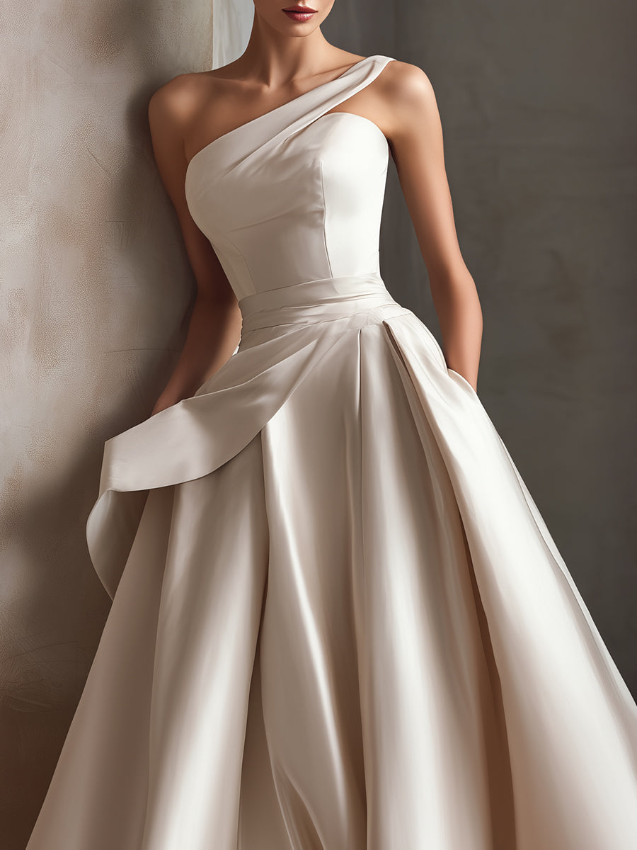 One-Shoulder Sculpted Pleated Ball Evening Dress