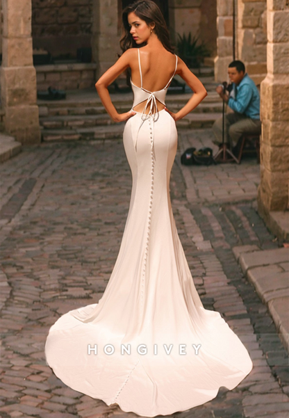 V-Neck Spaghetti Straps Trumpet Beach Wedding Dress