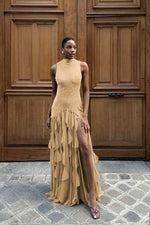 High Neck Sleeveless Long Mermaid Prom Dress With Split Ruffles