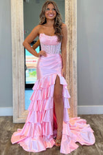 Cute Mermaid Strapless Pink Satin Slit Prom Dresses with Appliques