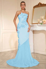 Candy Pink Strapless Sleeveless Long Mermaid Prom Dress With Flower Appliqués