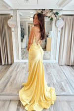 Cute Mermaid V Neck Satin Prom Dress with Beading