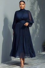 Plus Size Churchs Navy Blue Mock Neck Lantern Sleeve Long Sleeve See Through Elegant Ruffled Midi Dresses
