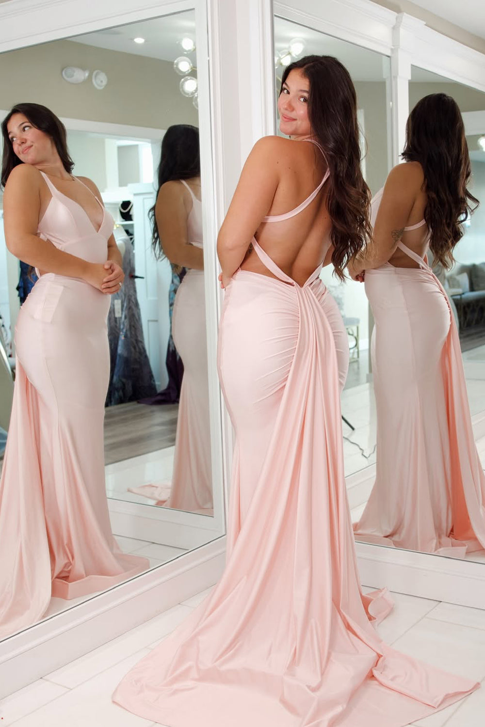Charming Mermaid V Neck Pink Stretch Satin Prom Dress