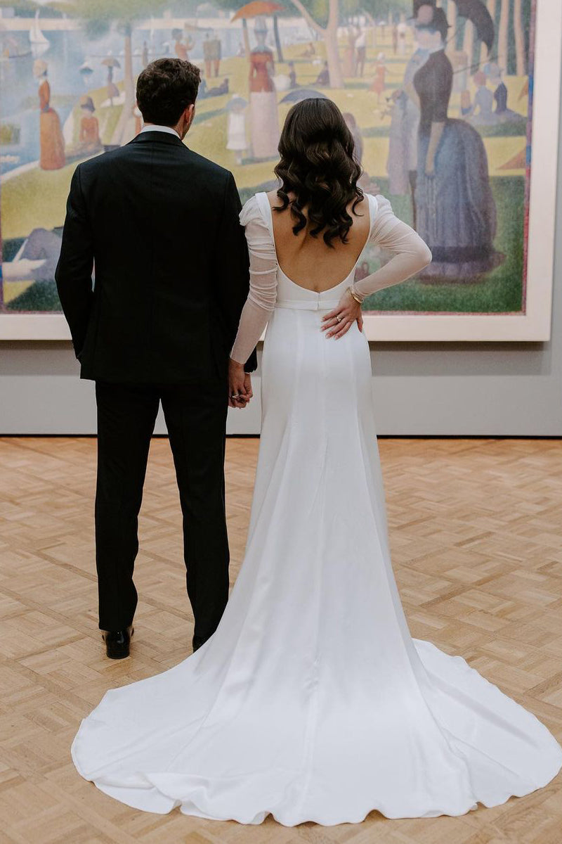 Charming Mermaid Square Neck Long Sleeves White Satin Wedding Dresses