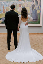 Charming Mermaid Square Neck Long Sleeves White Satin Wedding Dresses