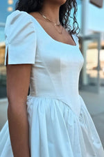 Ball Gown V Neck Ruffled Sleeves Satin Wedding Dresses