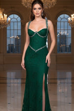 Sleeveless Spaghetti Straps Beaded V-Neck Mermaid Split Prom Dress