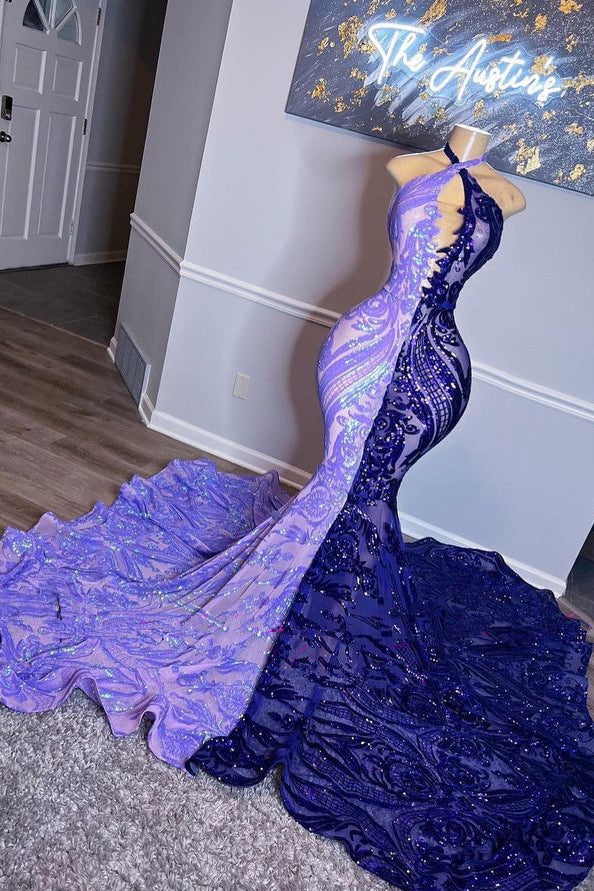 Purple Halter Sleeveless Beaded Sequins Mermaid Prom Dress With Appliques