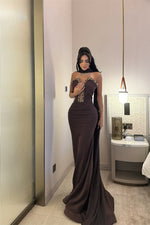 Dark Brown V-Neck Strapless Mermaid Prom Dress Long With Crystals