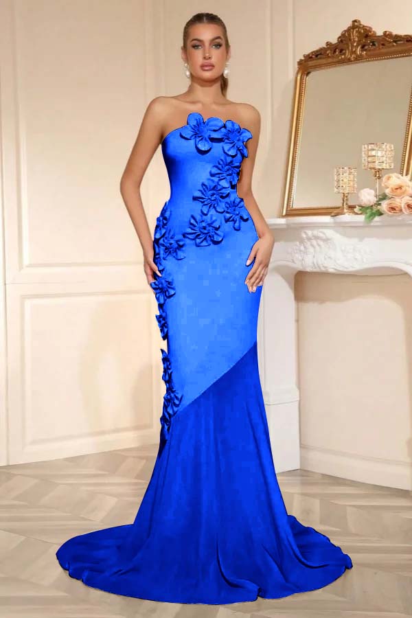 Candy Pink Strapless Sleeveless Long Mermaid Prom Dress With Flower Appliqués