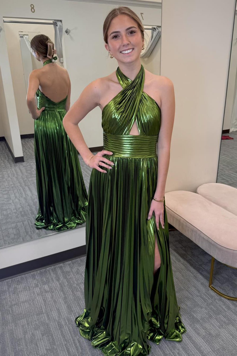 Cute A Line Halter Green Metal Satin Pleat Prom Dress