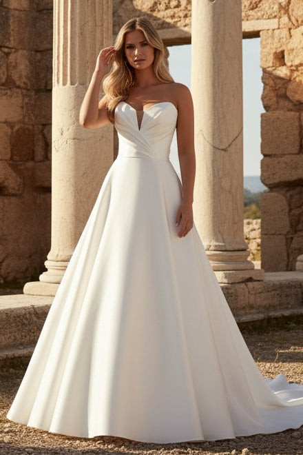 Elegant Satin A-Line Wedding Dress with Ruched Sweetheart Bodice Floral Appliqué