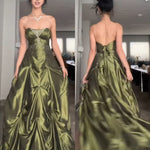 Pretty Forest Green A-Line Long Prom Dresses With Silver Beads Sweet Strapless Satin Evening Dresses