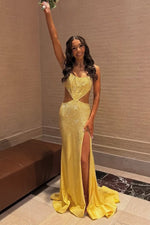Sparkly Hot Stone Beading Mermaid Straps Yellow Long Prom Dresses with Slit