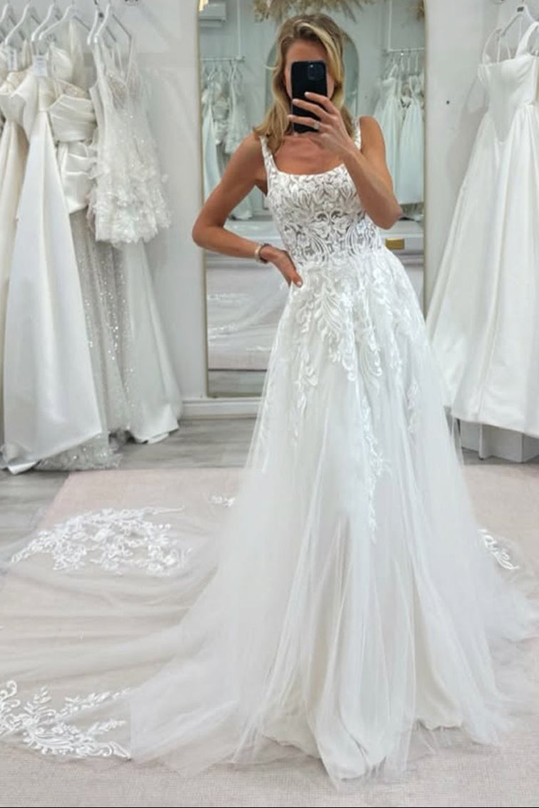 A Line Square Neck Tulle Wedding Dress with Appliques