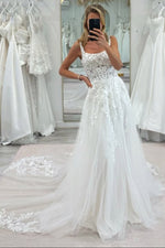 A Line Square Neck Tulle Wedding Dress with Appliques