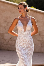 V-Neck Sleeveless Open Back Mermaid Tulle Lace Wedding Dress With Spaghetti-Straps