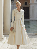 Ivory Bow Belted Midi Evening Dress With Wide Collar